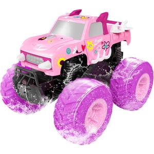 Threeking 1:16 Waterproof Pink RC Monster Truck Toys Amphibious Remote Control Car Pickup 4WD All-Terrain Toy Gift for Girls Ages 6 7 8 9 10 11 12 Durable Off-Road Fun for Indoor & Outdoor Play