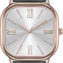 Bisley Women Square Watch Leather Strap Easy to Read Waterproof Watch (Grey/Rose Gold)