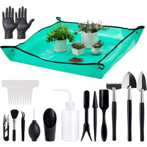Melphoe 25Pcs Mini Garden Hand Transplanting Succulent Tools Set, 39.4" Thickened Repotting Mat & Plant Tag, Miniature Planting Indoor Fairy Care, Potting, Cactus, Houseplant Bonsai Tool Kit (Black)