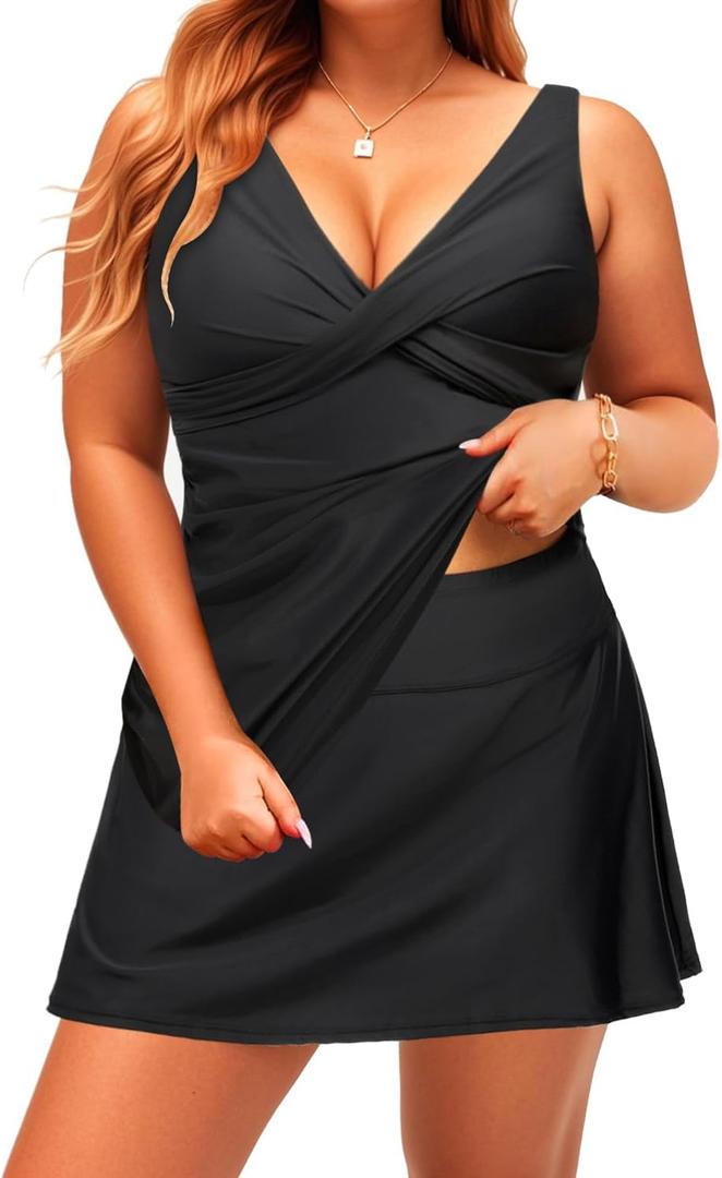 Daci Plus Size Tankini Swimsuit with Skirt - 2 Piece Tummy Control Ruched Bathing Suit Swimwear (Black)