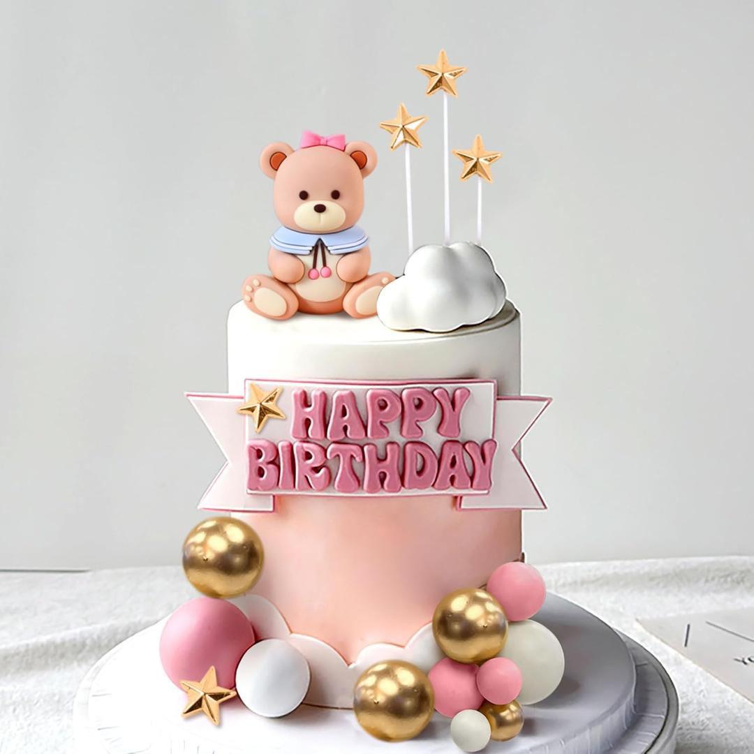 JeVenis Pink Bear Cake Decoration PInk Gold Balls Cake Topper Bears Cake Cake Decoration Baby Girl Shower Birthday Cake Decoration
