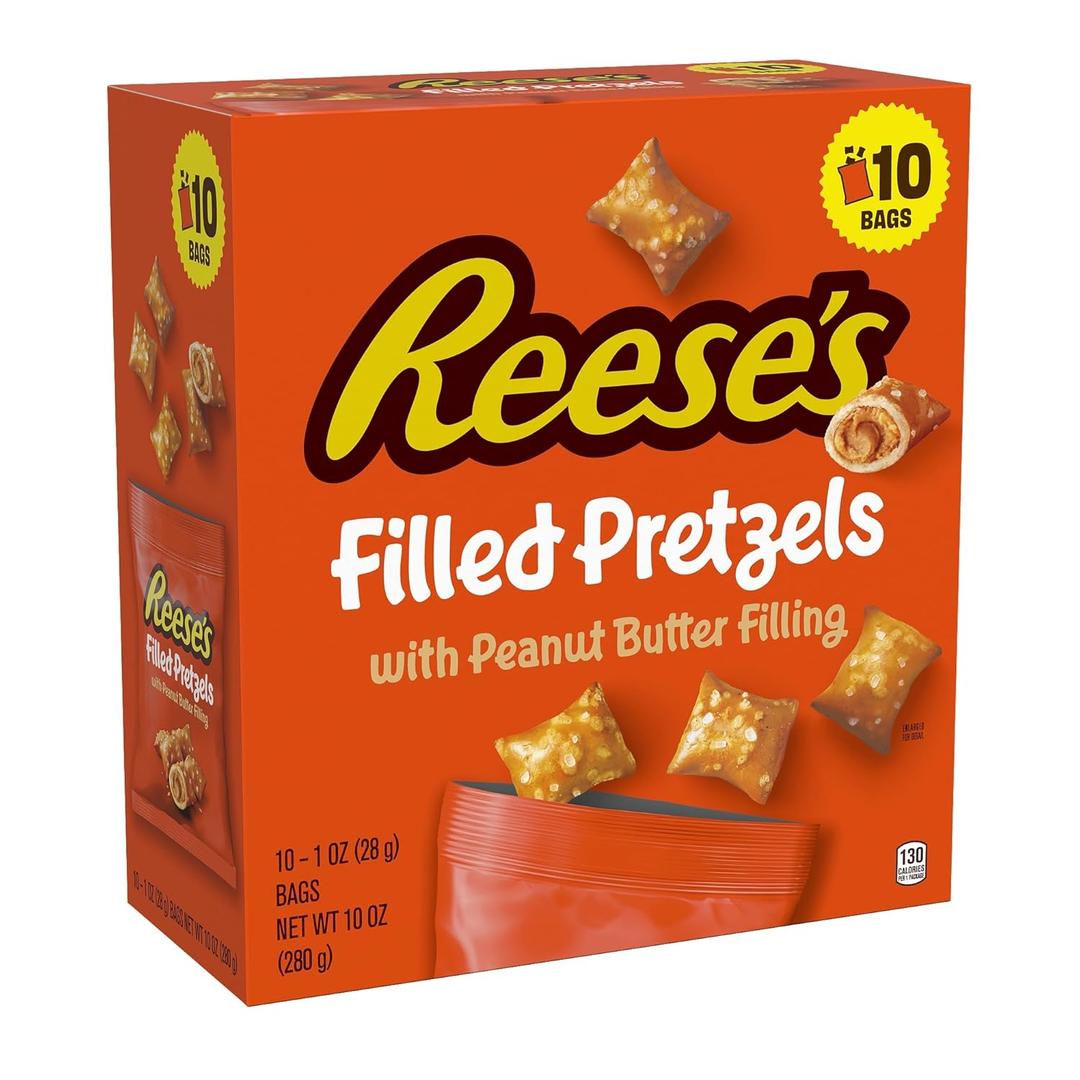 Reese's Filled Pretzels, Peanut Butter Pretzel Nuggets, Crunchy, Ready to Eat, Sweet and Salty Snack, 1 oz Bags (10 Count) (EXP 08/22/26)