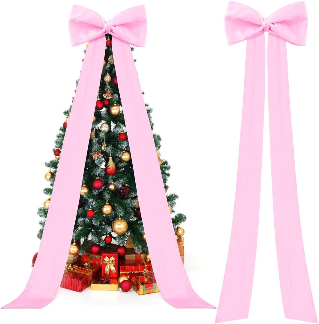 118x28 Inch Extra Large Christmas Tree Topper Bow Christmas Giant Satin Bow Decoration with Long Streamers Huge Oversized Topper Decor for Xmas Tree Holiday Party Door Wall(Pink, Satin)