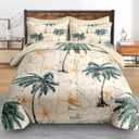 Pamnest Comforter Set Queen Size, Tropical Botanical Palm Summer 7 Pcs Bedding for Kids and Adults, Hawaiian Coconut Tree Bed Sheet Sets with Fitted Sheet 2 Pillowcase & 2 Sham for Bedroom Bed Decor
