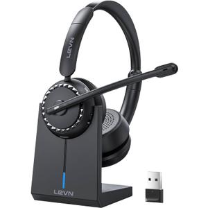 LEVN Wireless Headset, Wireless Headset with Mic for Work, AI Noise Cancelling, 65 Hrs Working Time, Bluetooth Headphones with Microphone from Computer/Call Center/Teams (Black)