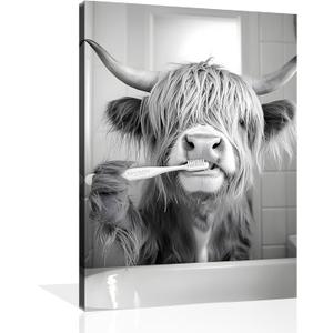 OWNANRTHM Highland Cow Bathroom Canvas Wall Art Funny Animals Bathroom Pictures Highland Cow Brushing Teeth Painting Black and White Animals Toilet Poster for Toilet Restroom Wall Framed 12X16 inch