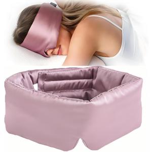 Nature Silk Sleeping Mask Soft Featherweight Eye Mask Large Wrap-Around Blindfold with Adjustable Velcro Blackout for Wild Sleeper Nose Cut Bean Pink