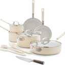 GreenPan x Bobby Flay 13 Piece Cookware Pots and Pans Set and 8" Chef's Knife. PFAS & PFOA-Free Ceramic Nonstick, Induction Suitable, Stay-Cool Silicone Handle, Dishwasher & Oven Safe, Cream