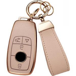 Key Fob Cover for Mercedes Benz with Key Chain, Upper Leather + Soft TPU Key Cover Case Shell for Mercedes C E S GLC CLE EQE EQS 300 350 450 500 560 580 AMG (Pink)