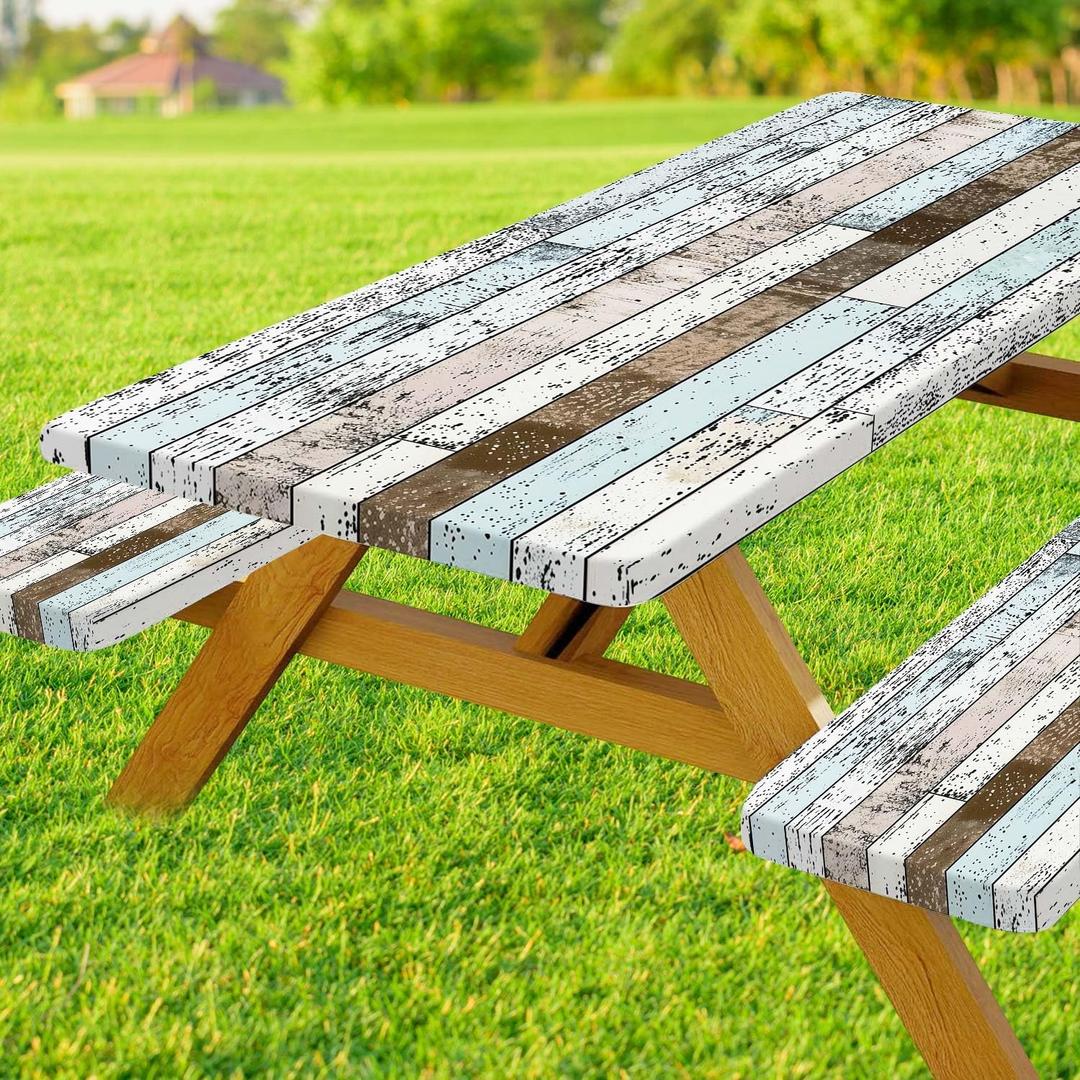 3 Piece Picnic Table Covers with Elastic Fitted Picnic, Bench Covers Farmhouse Camping Tablecloth Waterproof Picnic Table for Outdoors Wood Grain 72"x 30"in