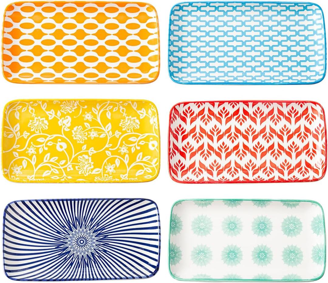 Rectangle Serving Plates Set - 8.1" x 4.5" Ceramic Rectangular Salad Platters - Microwave & Oven Safe - Porcelain Dinner Dishes for Sushi, Appetizers, Dessert - Set of 6 - Assorted Colors (8.3 Inch)