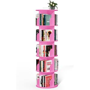 Nidouillet Rotating Bookshelf Tower, 5 Tier Spinning Bookcase Lazy Susan, Revolving 360 Book Shelf Storage Round Organizer, Vertical Rotate Turning Corner Book Case for Small Space, Pink