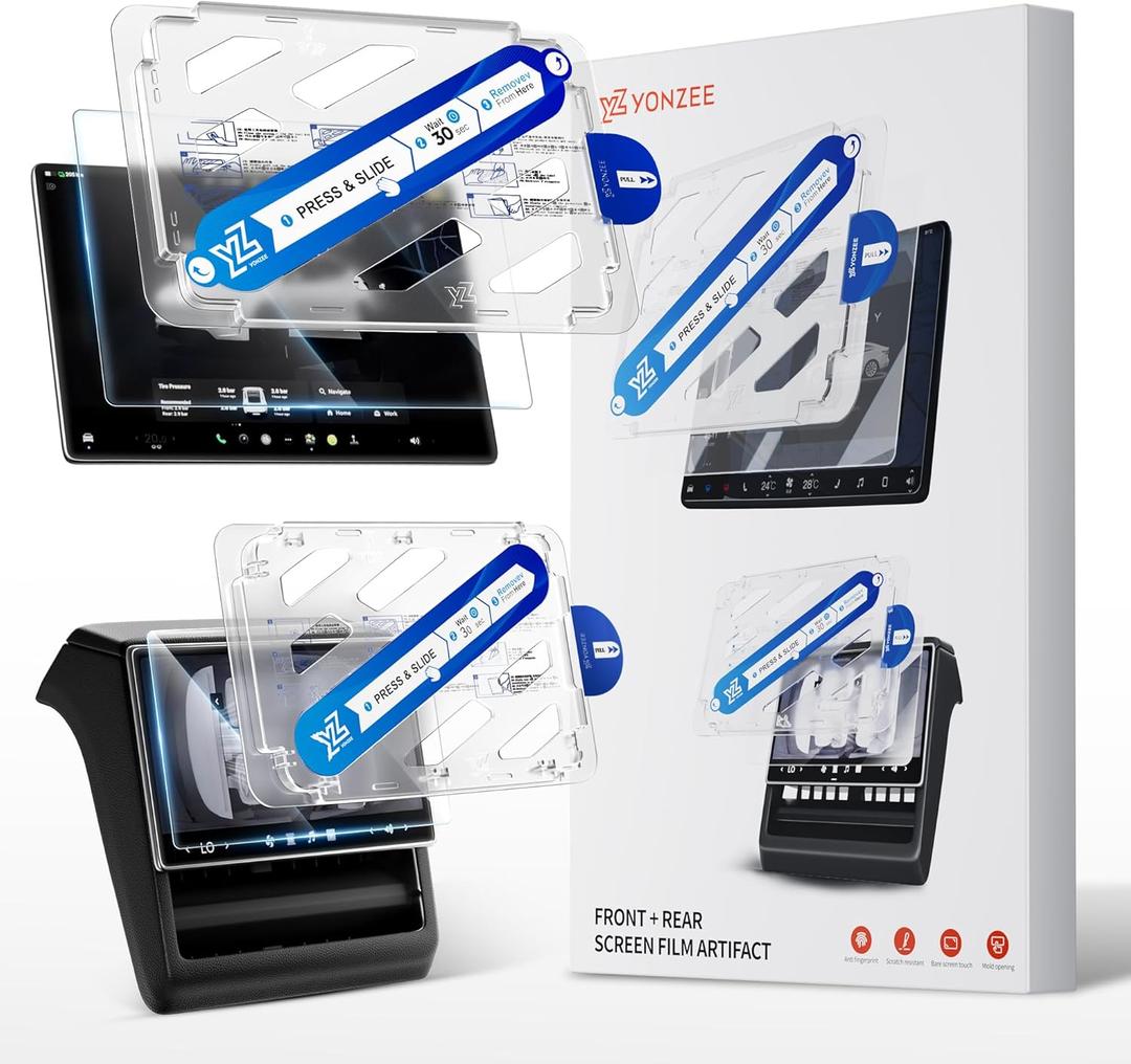 YONZEE Screen Protector for Tesla Model 3 Highland & Model Y Juniper 20242026, HD Tempered Glass Front & Rear Screen Protectors with Alignment Kit, 9H Hardness, Anti-Scratch, Crystal Clear Display