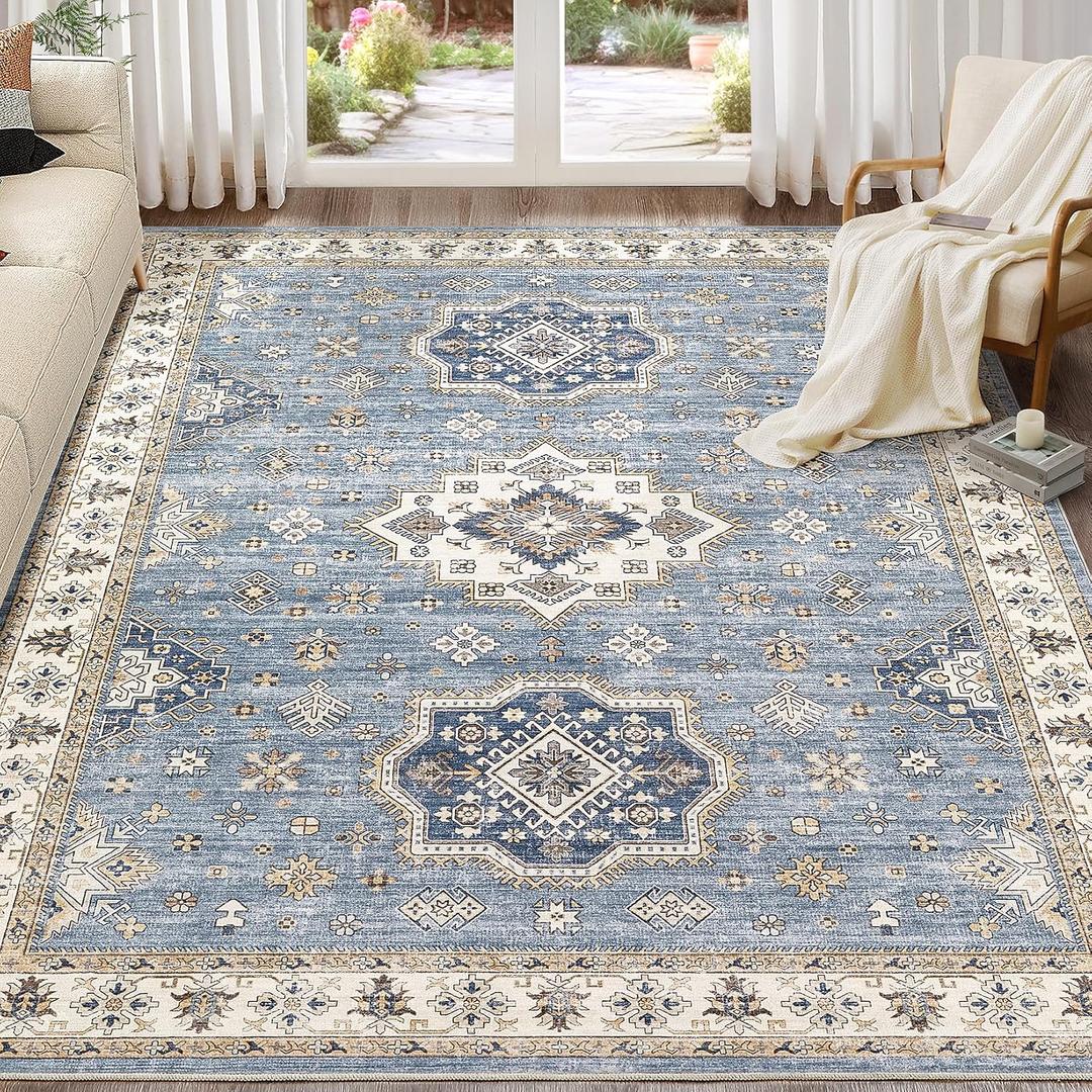 EIEIHOUSE Washable Area Rugs for Living Room -9x12 Neutral Vintage Distressed Floral Farmhouse Boho Large Soft Floor Rug Indoor Non Slip Carpet for Living Room Bedroom Dining Room Office - Blue