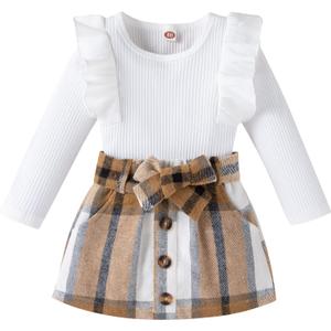 fhutpw Baby Toddler Girl Outfits Fall Winter Clothes Turtleneck Knitted Cotton Long Sleeves Tops & Button Mini Skirts Set (2-3T, D Wihte&brown Plaid)