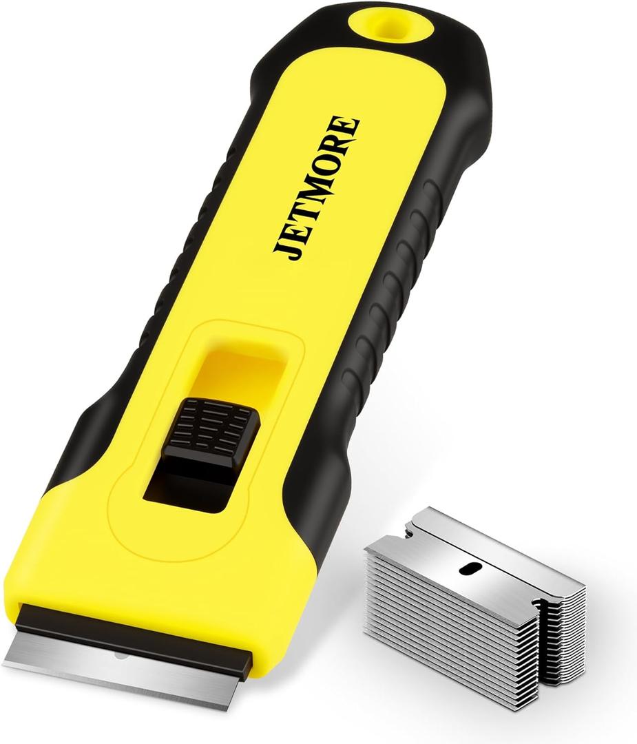 JETMORE Razor Blade Scraper Tool With 15pcs Extra Blades, Paint Scraper for Cleaning, Glass Scraper for Windows, Oven Cleaning Tools, Cuchilla Para Limpiar Cosina, Cleaning Razor for Ceramic Stove Top (Yellow)