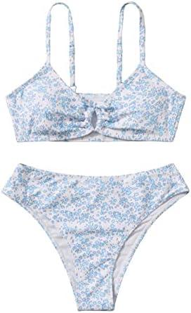OYOANGLE Girl's 2 Piece Ditsy Floral Bikini Swimsuit Ring Linked Ruched Bathing Suit Size M
