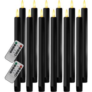 12PCS Flameless Taper Candles with 3D Flickering Flame Battery Operated Candles with 2 Remote with Button Cell Battery 10 Inch Black LED Candlesticks Window Candle for Christmas Home Decor