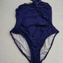 Eomenie Women One Piece Tummy Control Swimsuit Halter Scallop Trim Bathing Suits 1 Piece Vintage Ruched Slimming Swimwear Dark Blue XL