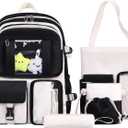 HORHREAR Kawaii Backpack 5Pcs Set for School, Cute Clear Backpack Preppy with Aesthetics Pendant for Girls Boys Primary Bag (Black)