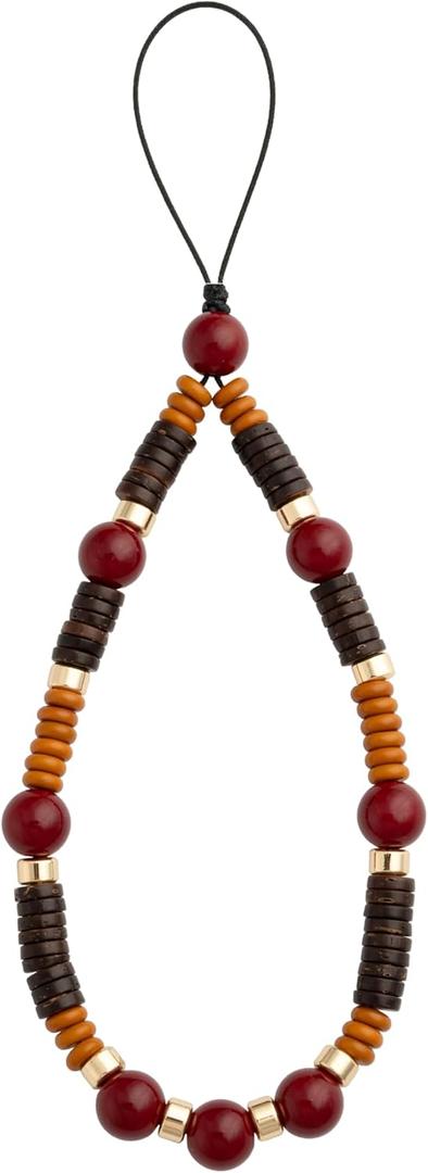 Beaded Phone Wrist Strap Bamboo Beaded Phone Lanyard Coconut Shell Beads Wrist Lanyard for Smartphone Charm Wristlet (Garnet Red)