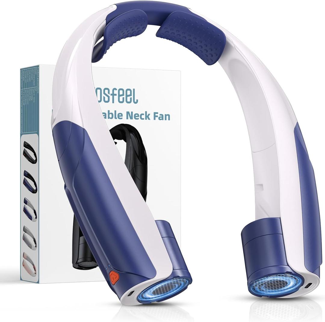 Outdoor Neck Fan 8000RPM Hurricane Wind, Portable Personal Fan Rechargeable, Battery 20H, 6 Adjustable Cooling Speeds, 360 Airflow, Hands-Free Wearable Fan for Camping Travel, Blue White