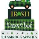 St. Patrick's Day Decorations, 4 Pcs Wooden St. Patrick's Day Table Decorations, Shamrock Truck Tiered Tray Decor, Wooden Table Sign for Desk Shelf Mantel Centerpiece, Indoor Home Decor (Green)