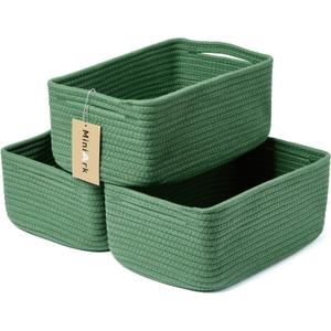 MiniArk Small Storage Baskets for Organizing | Closet Organizer Bins | Shelf Toy Basket | Woven Rope Baskets | Cube Decorative Box | Shallow Basket | 13x8.5x5.1 | 3 Packs Green