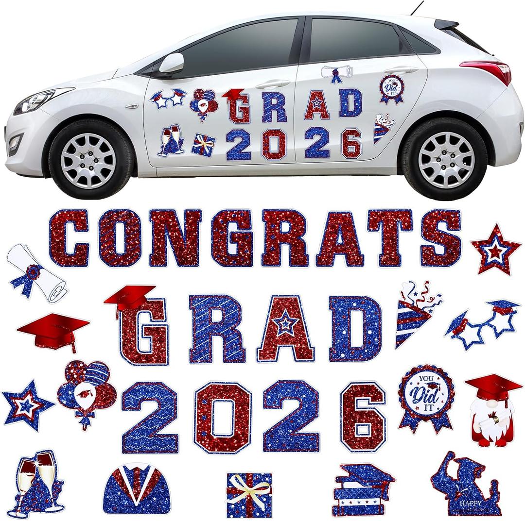 Landhoow 30 Pcs Graduation Car Magnets 2026 Senior Graduation Car Decoration Bumper Sticker Congrats Grad Magnet Magnetic Refrigerator Decal for Grad Parade Party Supplies(Red, Blue)