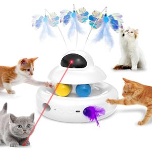 MOHAYA Cat Toys4-in-1 Interactive Cat Toy for Indoor Cats with Laser, Fluttering Butterfly, Moving Feather and Track Balls - USB Rechargeable Self-Play Kitten Toy (White)