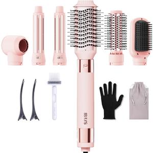 Hair Dryer Brush 6 in 1 Professional Hot Air Styler, 110,000 RPM High-Speed Negative Ionic Hair Dryer, Auto Wrap Curler Frizz-Free Airwrap for Curling Volumizing Straightening Styling Pink