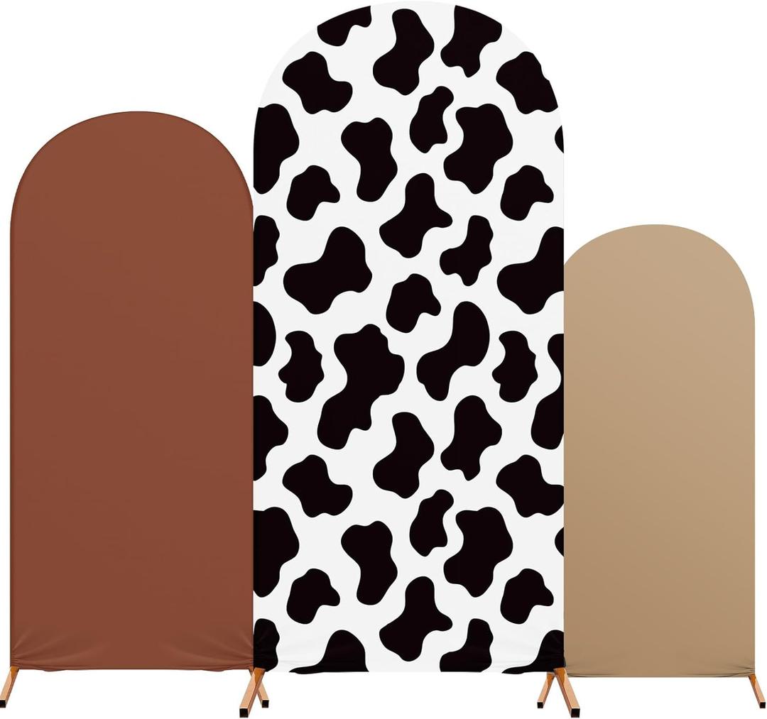 3 Sets Cow Theme Party Arch Backdrop Cover Cow Birthday Party Decorations Spandex Stretch Backdrop Stand Cover 4ft, 5ft, 6ft for Birthday Banquet Ceremony(Brown)