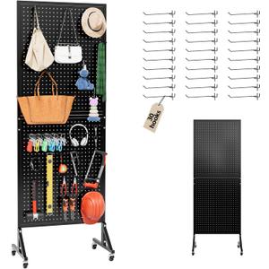Metal Pegboard Display Stand 66" x 24, Pegboard Shelf with 30 Hooks, 4 Wheels and 4 Leveling Feet, Peg Board Panels Display Rack for Retail Store, Craft Show, Garage, Jewelry Organizer, Black