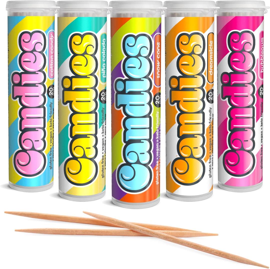 Xero Picks Candies - Infused Flavored Toothpicks (Candies Variety, 5 Pack - 100 Picks) Bubblegum, Pina Colada, Orange Creamsicle, Cotton Candy, Snow Cone and Candy Cane