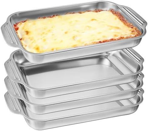 4Pcs 9x13 Stainless Steel Cake Pan Baking Pan Rectangle Cake Pans Rectangular Bakeware Baking Tray for Cakes Breads Fish Vegetables Dishwasher Safe