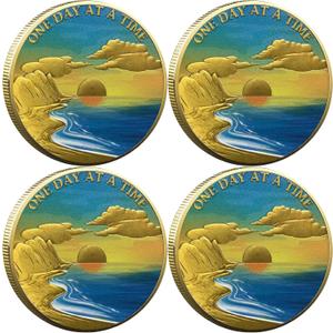 Serene Beach Sunrise Sobriety Chip ONE Day at A TIME AA Medallion Serenity Prayer Coin Recovery Gift (Pack of 4)