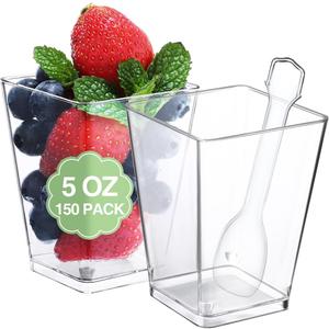 SHOPDAY 5 Oz-Plastic-Dessert-Cups: 150 Pack Square-Clear-Cups-with-Spoons, Parfait-Cups Appetizer-Cups Small-Plastic-Cups Mini Shooter-Cups for Party Yogurt Mousse
