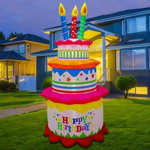 6FT Inflatable Happy Birthday Cake with Candles Outdoor Decorations Blow Up Lighted Holiday Party Display Yard Lawn Patio Decorations Colorful Home Celebration