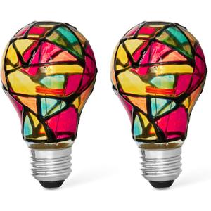 Tiffany 2 Pack Stained Glass Light Bulbs - A19 2W (25W Equivalent) E26 Base Mosaic Night & Party Light