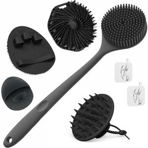 Manmihealth Silicone Back Scrubber & Soft Bath Glove, Silicone Scalp Massager Set 5 PCS, Super-Exfoliating Body Scrubber Shower Brush & Shampoo Brush Combination, with 2 Free Hooks (Style 1 Black)