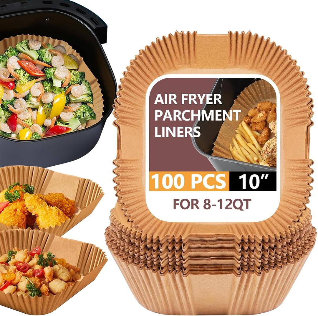 UBeesize XL 10 Inch Air Fryer Paper Liners,100 PCS Parchment Paper, Air Fryer Disposable Paper Liner for Microwave, Non-Stick Air Fryer Liners Square Free of Bleach (Bottom Size 9 Inch)