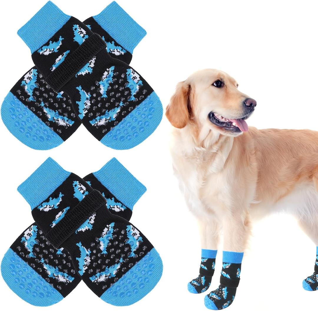 SCENEREAL Anti Slip Dog Socks for Hot/Cold Pavement, Double Sides Dog Boots & Paw Protectors to Prevent Licking Paws, Non Slip Anti Twist Small Medium Large Senior Dogs Socks for Hardwood Floors (L(Pack of 4), Shark(Black))
