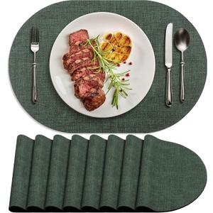 Placemats Set of 8 - Washable Heat Resistant Table Placemats - Wipeable Faux Leather Oval Place Mats, Waterproof Table Mats for Dining Table, Green