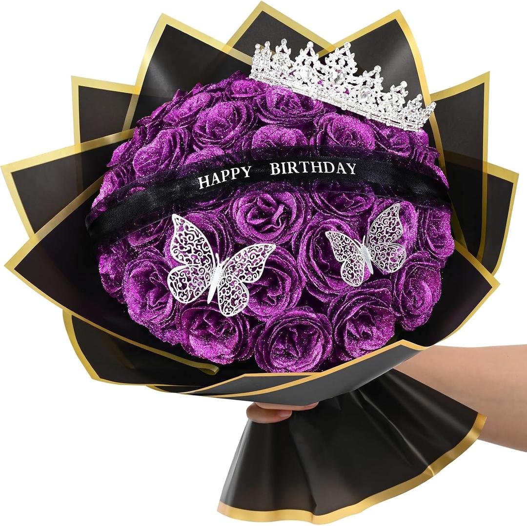 Waipfaru Glitter Roses Bouquet,Birthday Gifts for Women Mom,DIY Fake Flowers Bouquet with Birthday Stand-Up Signs,36 Purple Rose for Grandma Wife Friends