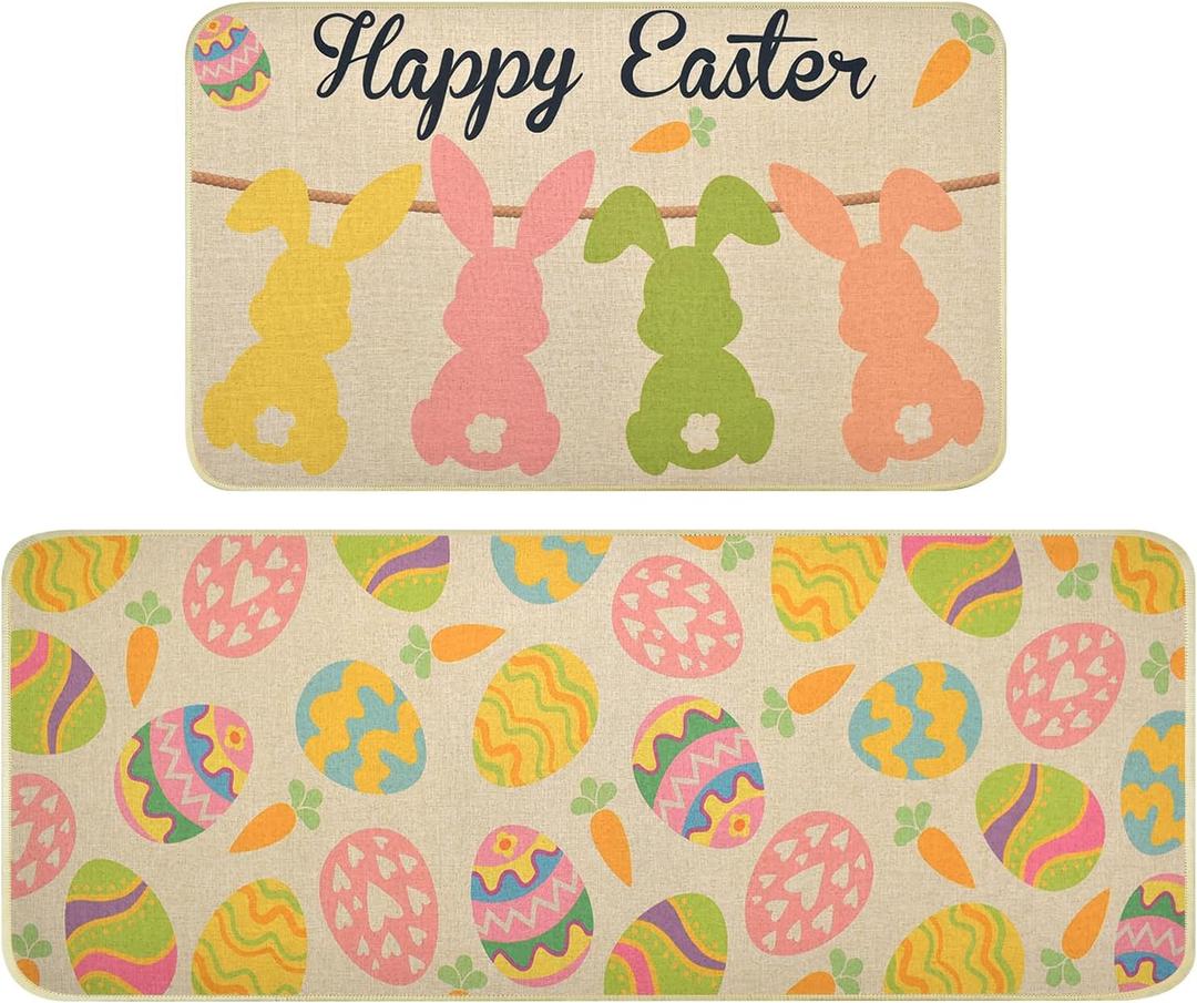Nialnant Easter Kitchen Rugs Set of 2, Non Slip Kitchen Mats for Floor, Absorbent Rubber Kitchen Rugs, Bunny Eggs Kitchen Mat for Front of Sink 17'' x 47'' + 17'' x 30''