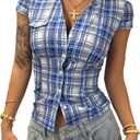 Milumia Women's Y2k Plaid Collar V Neck Button Down Shirt Short Sleeve Fitted Tops (Blue and White) XS