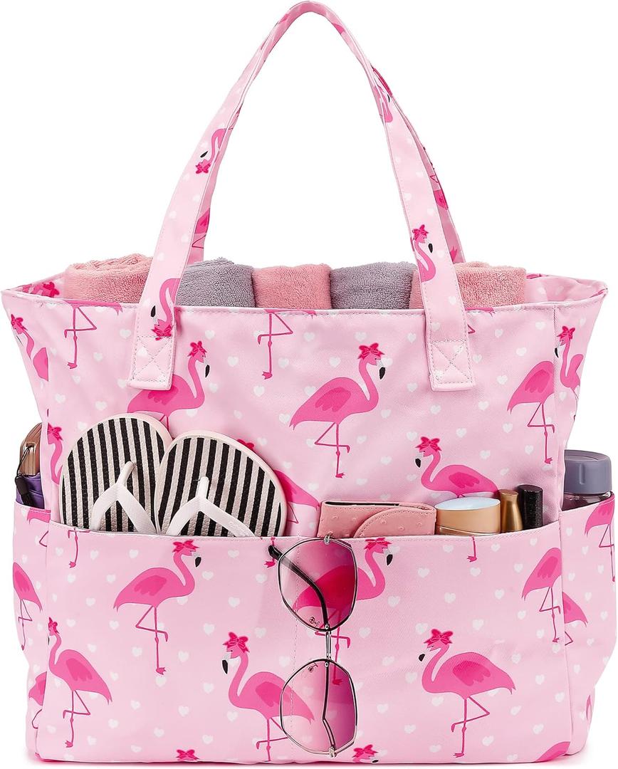 Bluboon Waterproof Beach Tote Pool Bags for Women Ladies Extra Large Carry On Bag With Wet Compartment for Weekender Travel (Flamingo-pink)