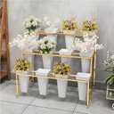 Flower Display Stand With 12PCS Buckets, 3 Layers Metal Plant Stand with Wheels, Heavy Duty Moving Plant Cart Shelf, for Indoor, Outdoor Patio Garden, Living Room, Florist (White - Square Bucket)