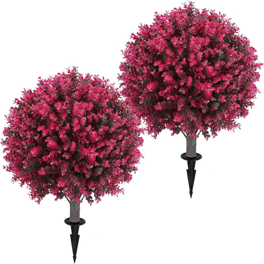 Artificial Red Eucalyptus Topiary Ball Tree 24" with Ground Spike, Set of 2 Artificial Boxwood Bushes for Faux Shrubs, Fake Evergreen Faux Plant for Indoor Outdoor Garden -UV ResistantFade-Proof