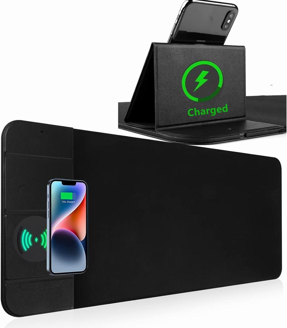 Wireless Charging Mouse Pad with Phone Holder Gaming Mousepad Desk Mat 15W Qi Fast Charging Pad Ultra-Smooth Surface Non-Slip Extended Premium Black Computer Keyboard Mat for MacBook PC Laptop